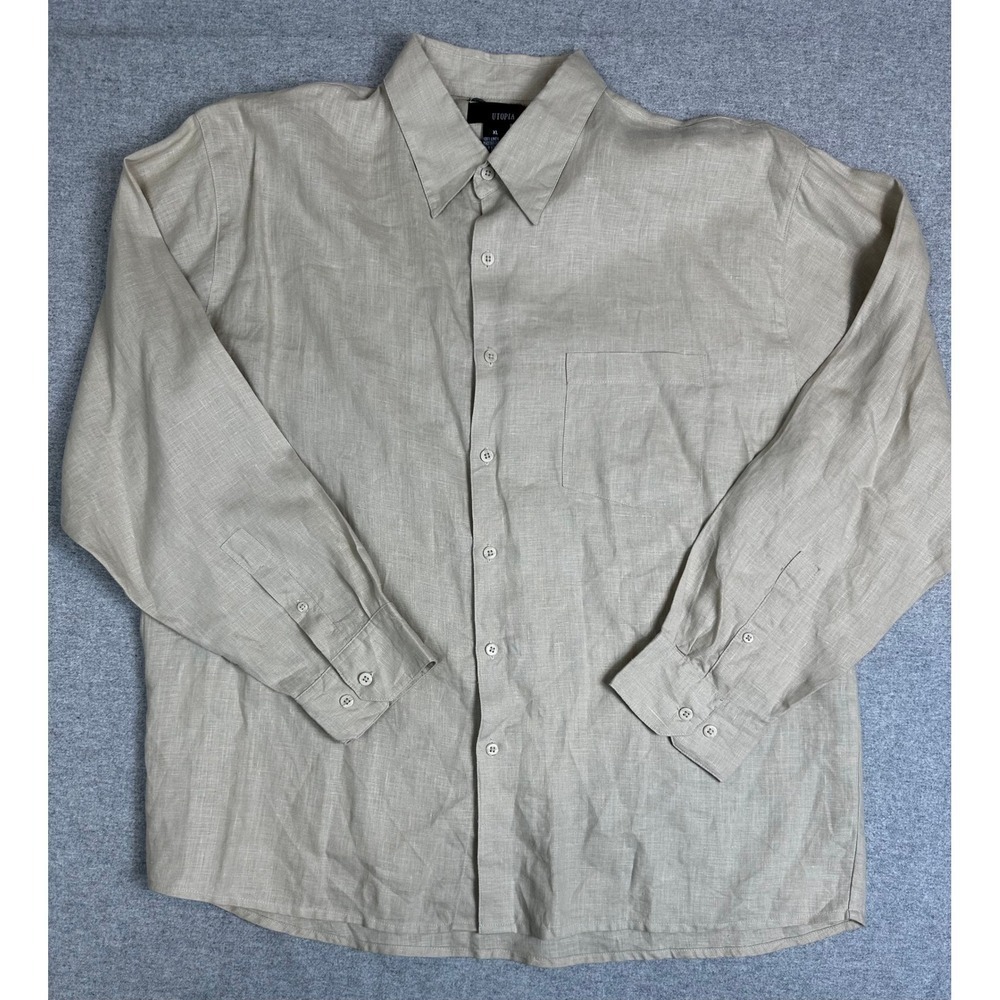 Utopia 100% Linen Shirt Mens XL Beige Long Sleeve Button Down Pocket